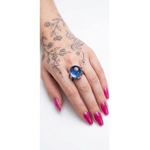 Vintage Sterling Silver Blue Jelly Cabochon Statement Ring Size 5.5